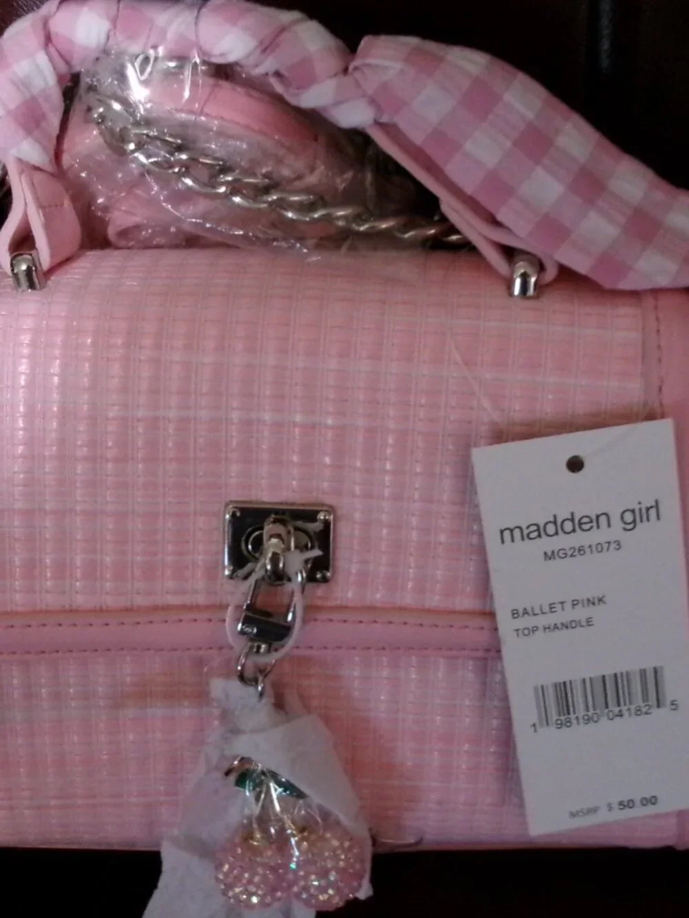 Madden Girl Pink Tweed-Style Top Handle Crossbody with Cherry Charm